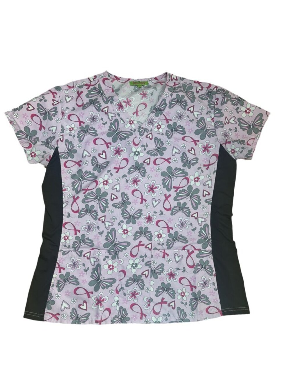Green Town Scrub Top Women's Medium Pink Breast Cancer Awareness Stretch Panels